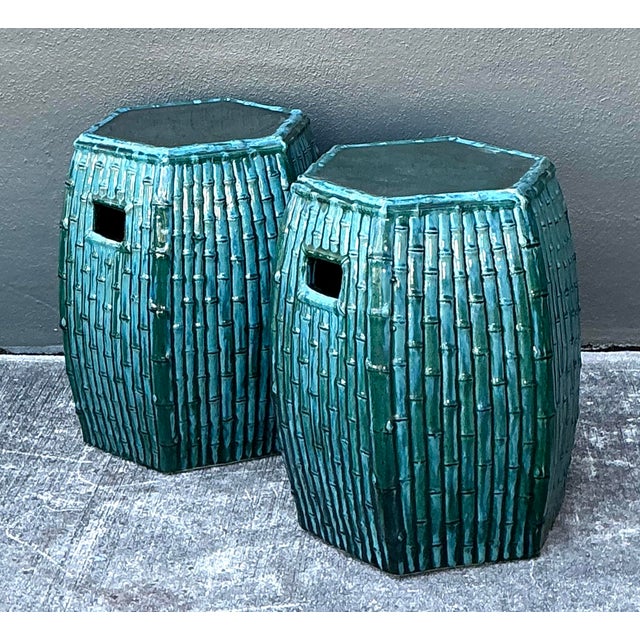 Vintage Glazed Ceramic Bamboo Garden Stools - A Pair For Sale - Image 12 of 12