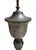 Masculine early 1900s Bouillotte metal table lamp. It offers two light candelabras with tall lead glass hurricanes. The...