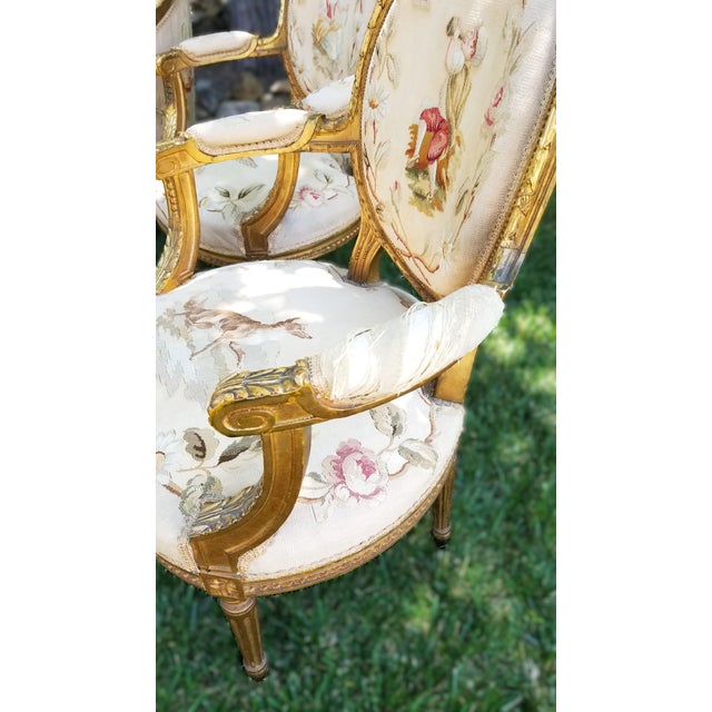 Late 19th C. Louis XVI Revival Giltwood Aubusson Tapestry Salon Suite | Canapé & Four Fauteuils For Sale - Image 15 of 18
