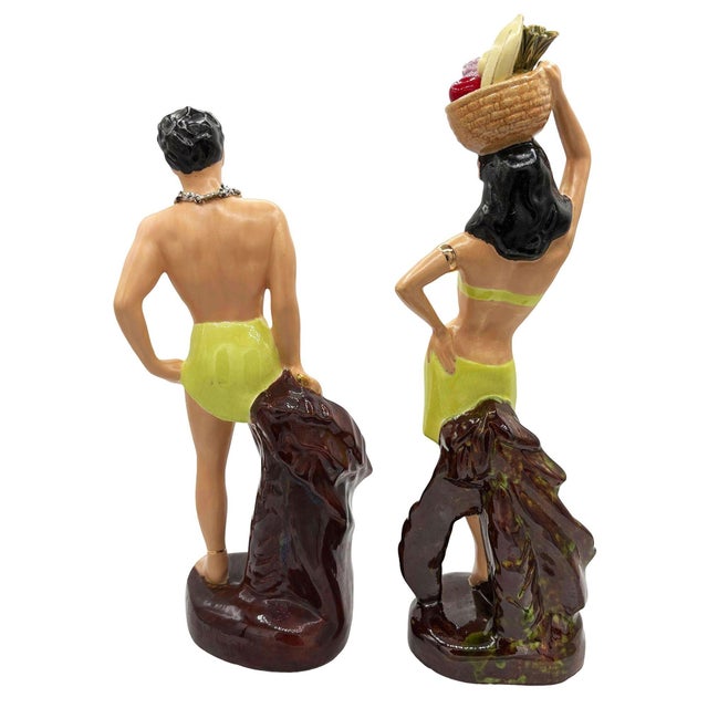 Mid-Century Modern Mid 20th Century Hand Painted Hawaiian Hula Girl & Male Surfer Ceramic Statue Set For Sale - Image 3 of 9