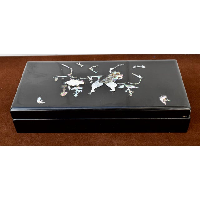 Chinese Black Lacquer Box Mother of Pearl Abalone Shell Inlay Peacock Butterfly For Sale - Image 11 of 15