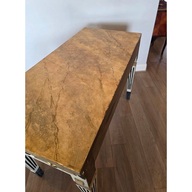 Cream Neoclassical Gustavian Style Gilt Bronze Mounted Cream Painted Console Table With Marbelized Faux Marble For Sale - Image 8 of 18