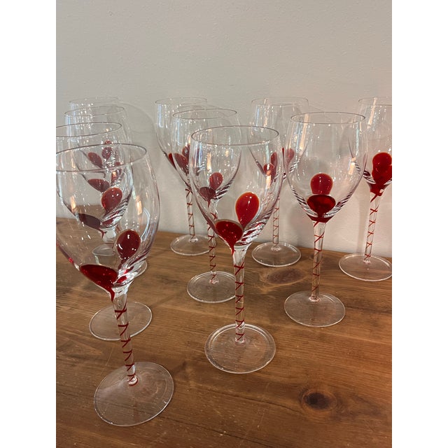 Vintage Clear Art Glass Wine Goblets With Red Swirl Stems - Set of 10 For Sale In Orlando - Image 6 of 12