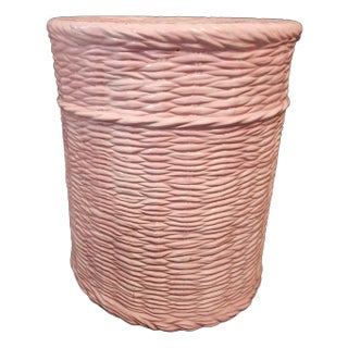 Pink Faux Wicker Ceramic Garden Stool Drum Table – 1980s Neiman Marcus For Sale