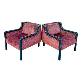 Pair of Raspberry Art Deco Club Chairs With Black Lacquer Frame For Sale