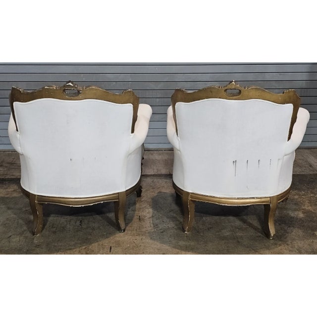 Early 20th Century Pair Italian Rococo Style Giltwood Armchairs Cream Colored Muslin Fabric For Sale - Image 10 of 11
