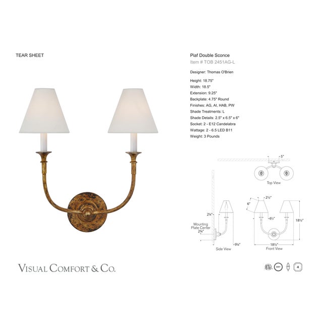 Transitional Thomas O'Brien for Visual Comfort Signature Piaf Double Sconce in Antique Gild with Linen Shades For Sale - Image 3 of 5