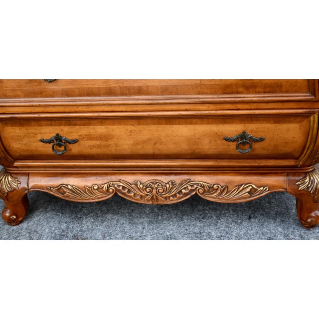 Brown Legacy Carved Bombe Tall Chest French Style Pine Dresser W/Gold Details For Sale - Image 8 of 17