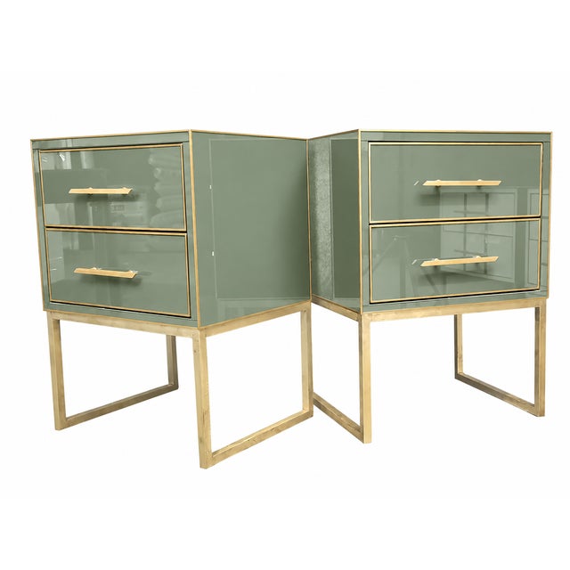 Contemporary Sage Green Murano Glass Nightstands with Brass Frames from Justfurnituress SRL, Set of 2 For Sale - Image 3 of 8