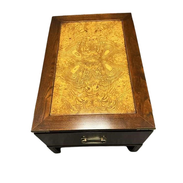 Mid-Century Modern Vintage Knob Creek Bookmatched Elm Burl Wood Campaign Coffee Table With Drawer For Sale - Image 3 of 5