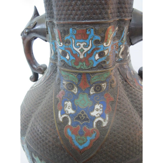 Figurative Large Bronze Chinese Antique Champleve Double Elephant Handle Urn Vase For Sale - Image 3 of 9