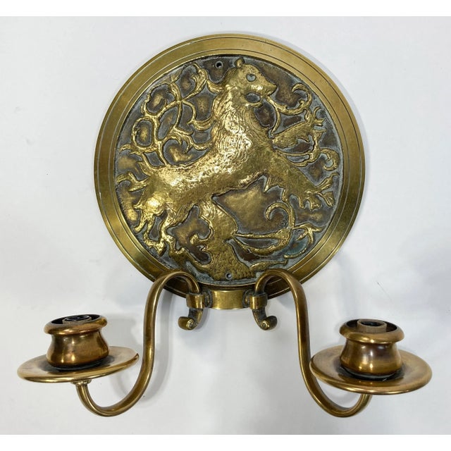 Antique Bronze Lion Crest Electrified Wall Sconce Pair For Sale - Image 4 of 8