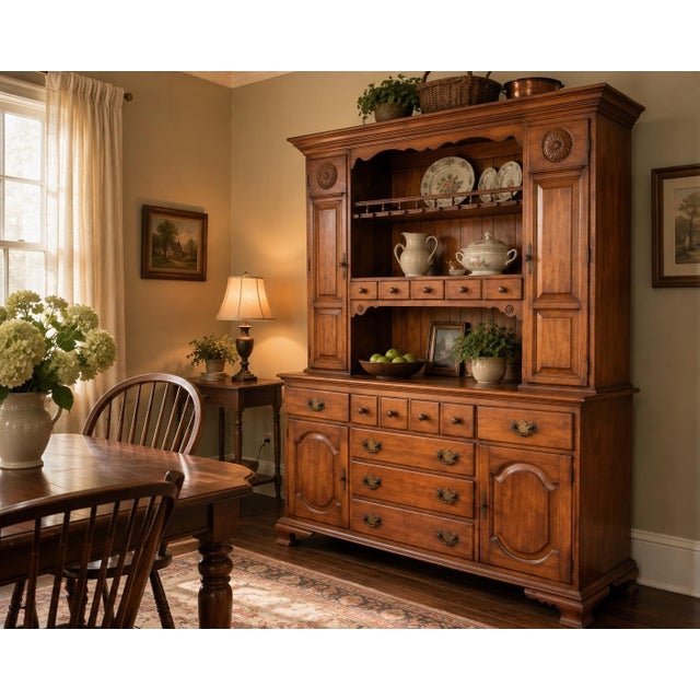 This two piece cherry wood hutch features an upper cabinet with glass rack, small drawers, and side cabinets with carved...