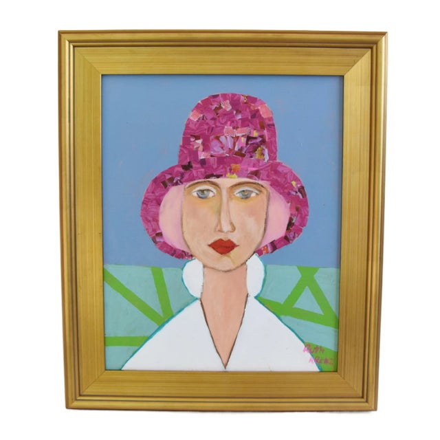 2020s Woman With Pink Hat Portrait Oil & Mixed Media Painting Including the Antiqued Gold Wood Frame. For Sale - Image 5 of 11