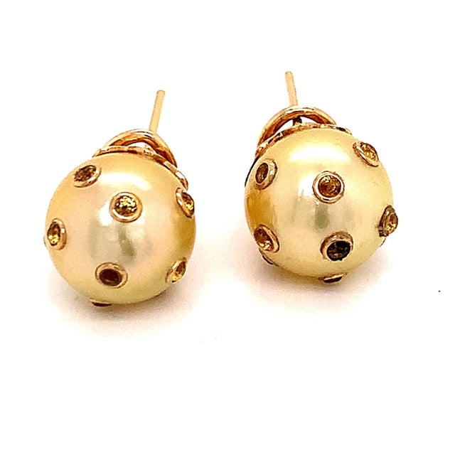 Metal South Sea Pearl Sapphire Earrings 14k Gold Certified For Sale - Image 7 of 15