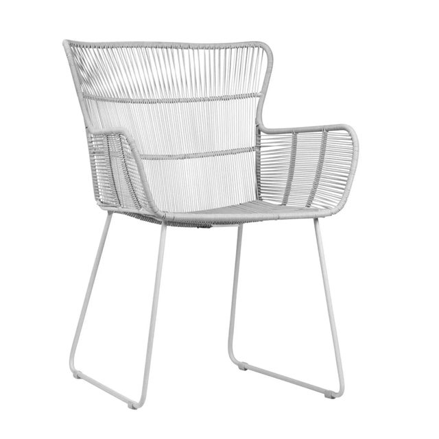 Beautiful white powder coated metal frame dining arm chair with white rope woven seat, back, and arms. Great as a dining...