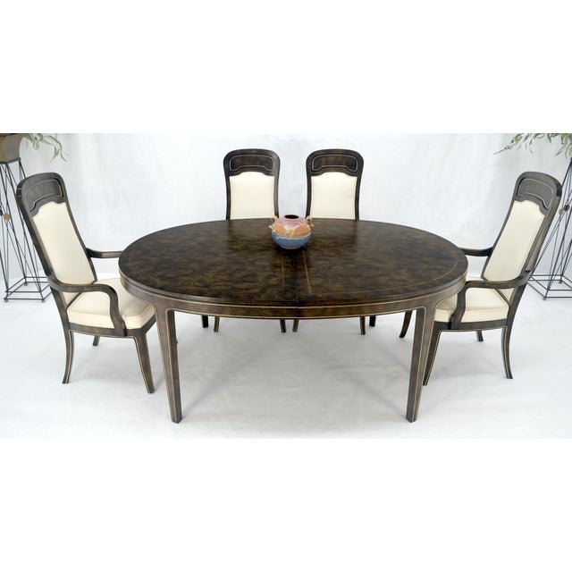 Mid-Century Modern Mastercraft Dark Burl Walnut Oval 4x20" Leaves Dining Table 6 Chairs Set MINT For Sale - Image 3 of 17