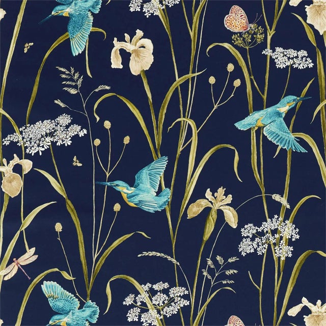 Sanderson Kingfisher & Iris Fabric in Navy/Teal - a Sample For Sale