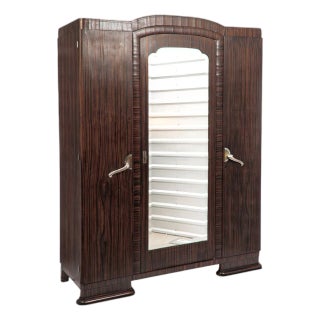 1940s Antique French Art Deco Macassar Ebony Wood Wardrobe Armoire Cabinet For Sale