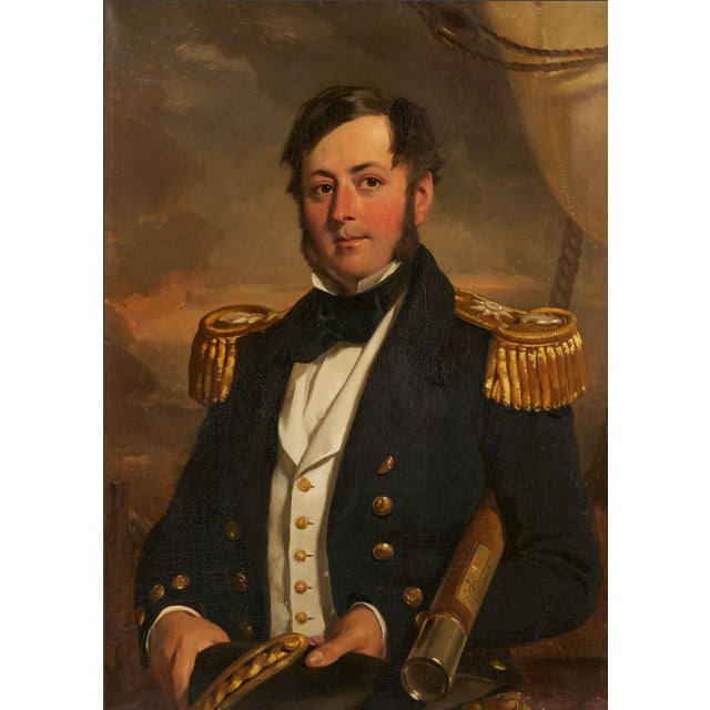 British School, 19th-century oil on canvas half length portrait of a Naval officer, seated on the deck of a ship and...