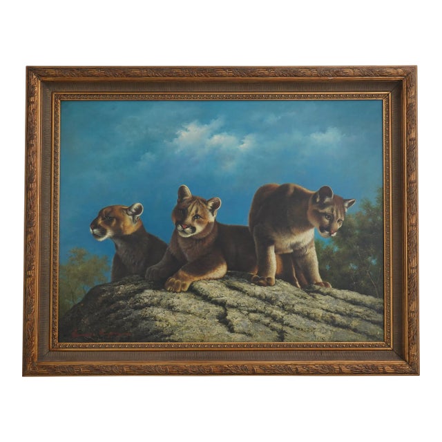 Framed Oil Painting on Canvas Three Lions For Sale