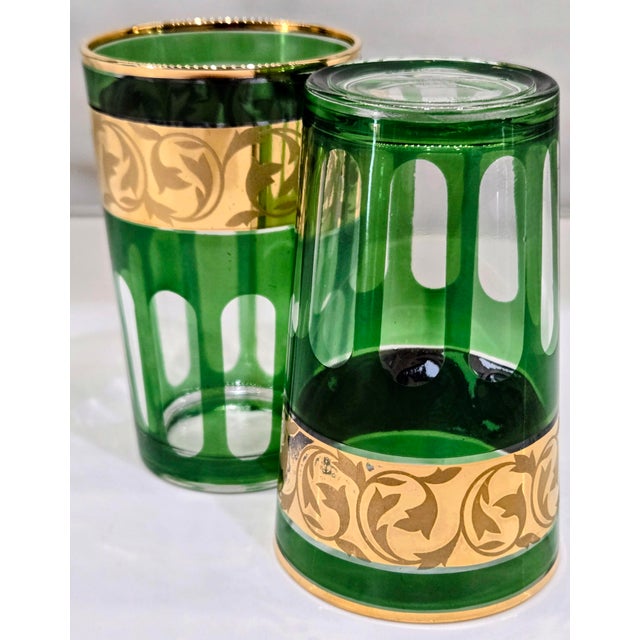 Vintage French VMC Reims Emerald Green & Gold Floral Highball Glasses, Pair For Sale In Dallas - Image 6 of 7