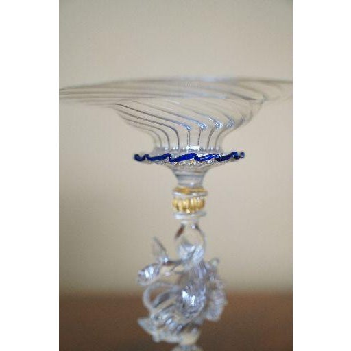 Vintage Venetian Murano-Style Dolphin Stem Glass Compote With Cobalt Rim For Sale In New York - Image 6 of 9