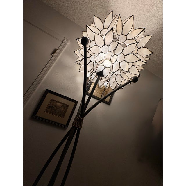 Copper Vintage Brutalist Capiz Shell "Lotus" Floor Lamp With Hand-Wrapped Copper Binding For Sale - Image 8 of 12