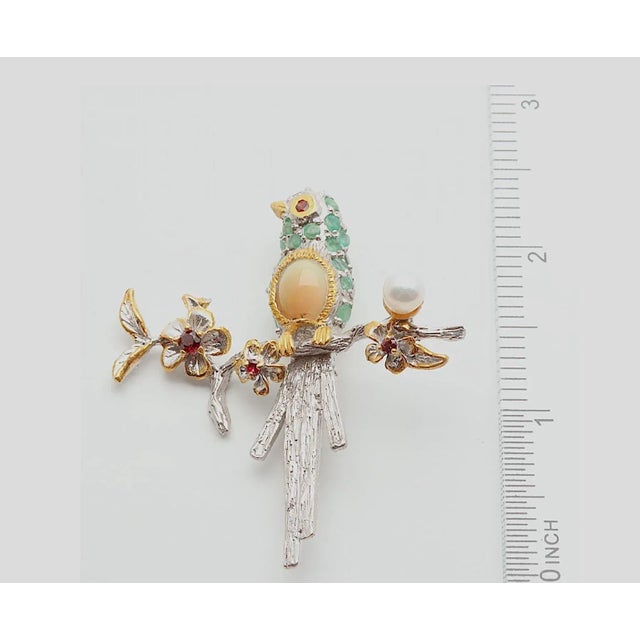 Art Deco Emerald, Opal, Pearl, Garnet, Sterling Silver & Gold Plate Bird Brooch For Sale - Image 3 of 3