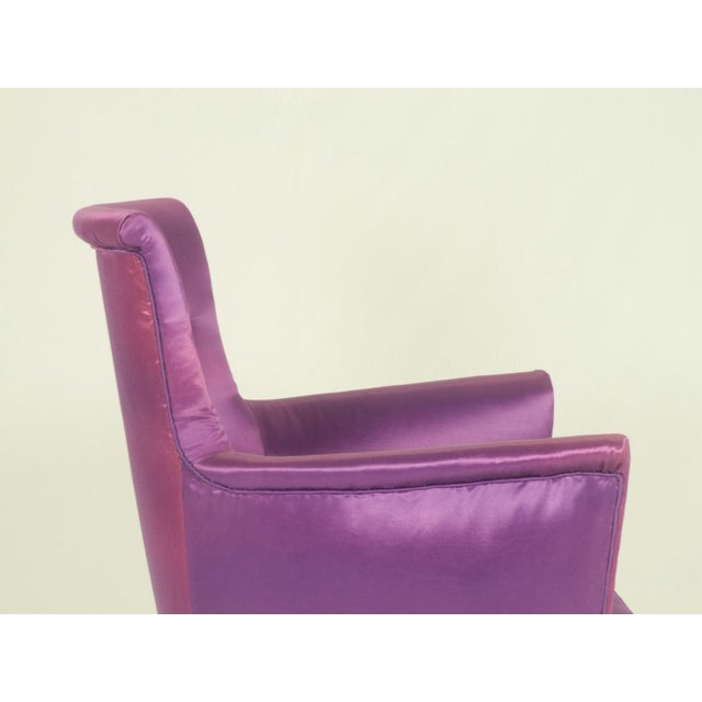 Mid-Century Modern Set of Mid-Century Italian Modern Wood & Purple Fabric Armchairs in the style of Cesare Lacca, 1950s For Sale - Image 3 of 10