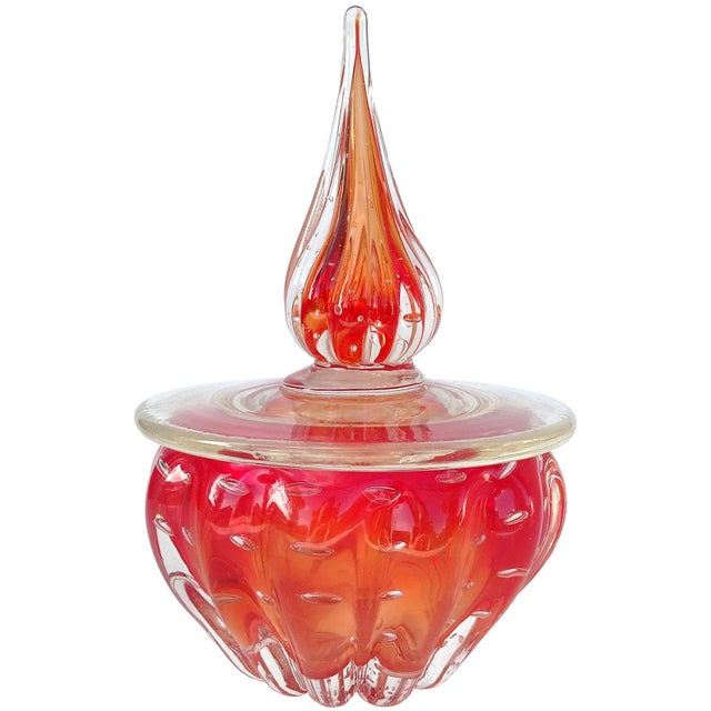 Late 20th Century Murano Vintage Sommerso Orange Controlled Bubbles Italian Art Glass Lidded Vanity Dresser Jar For Sale - Image 5 of 5