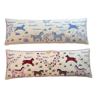 Horse Suzani Lumbar Pillow Cover 17'' X 54'' - Set of Two For Sale