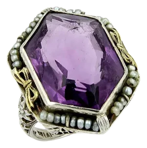 Art Deco Amethyst & Seed Pearls 18k Two Tone Open Floral Filigree Ring, Size 5.75