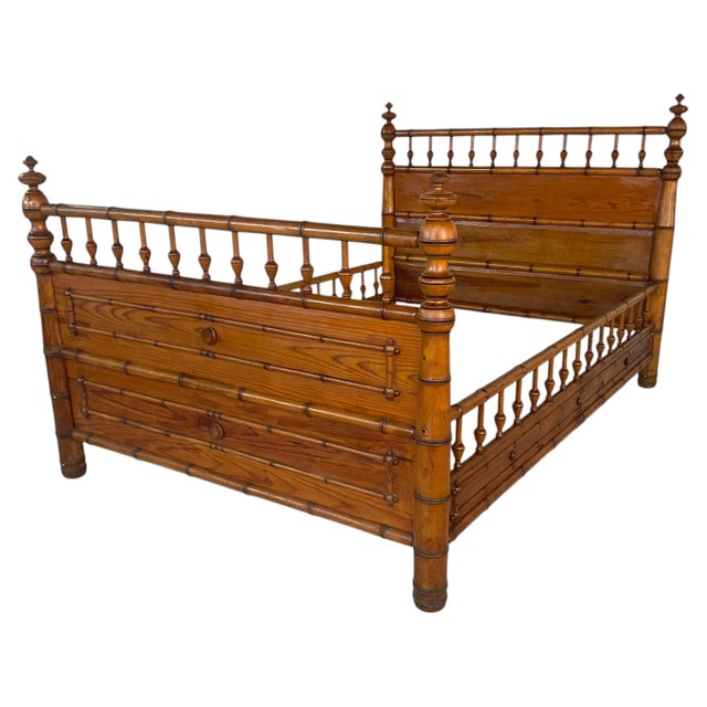 French Antique French Faux Bamboo Bed Frame, Stained Pine For Sale - Image 3 of 11