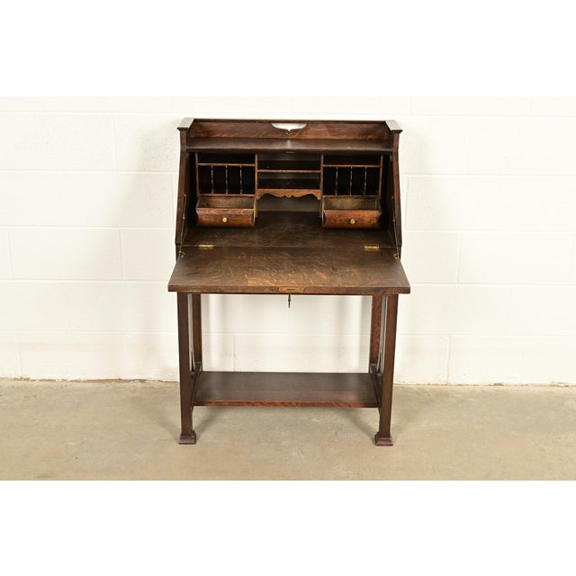 Early 20th Century Stickley Brothers Style Antique Mission Oak Arts & Crafts Drop Front Secretary Desk With Inlaid Marquetry, Circa 1910 For Sale - Image 5 of 16