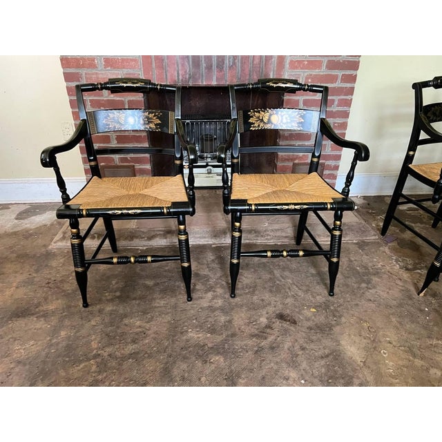 Set of Six Vintage L. Hitchcock Late Federal Style Grain-Painted & Gilt-Stenciled "Fancy" Rush Seat Armchairs Frame is...