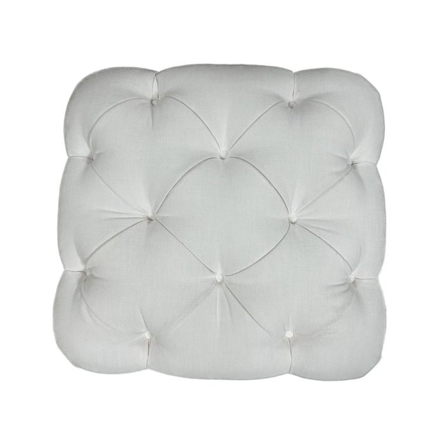 Contemporary Tufted White Ottoman in Pure-White Linen For Sale - Image 4 of 5
