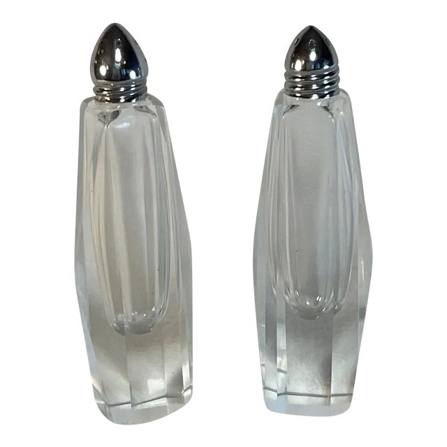 1950s Mid-Century Art Deco Tall Cut Crystal Glass Salt & Pepper Shakers- a Pair For Sale