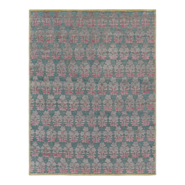 Rug & Kilim’s Block Print Rug Design with Pink and Green Floral Pattern - 8x10 For Sale