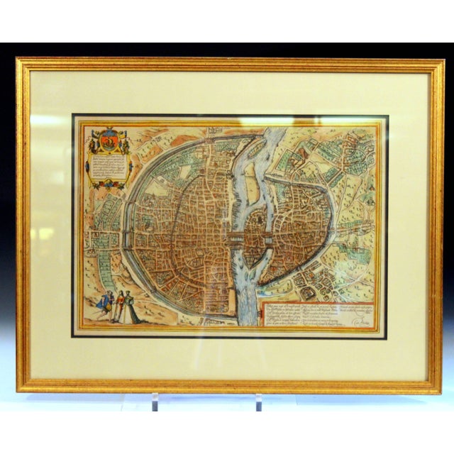 Old or antique colored engraving of Munster's 1572 map of Paris, circa 19th or 20th century (Frame was not opened to look...