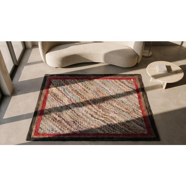 Early 20th Century 1900s Multicolor Chevron Folk Art Antique American Hooked Rug 4' 5" X 5' 4" Handknotted Wool Carpet For Sale - Image 5 of 7