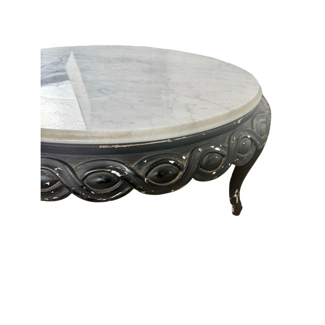 Vintage French-Style Round Marble-Top Coffee Table With Black Cabriole Base For Sale - Image 10 of 11