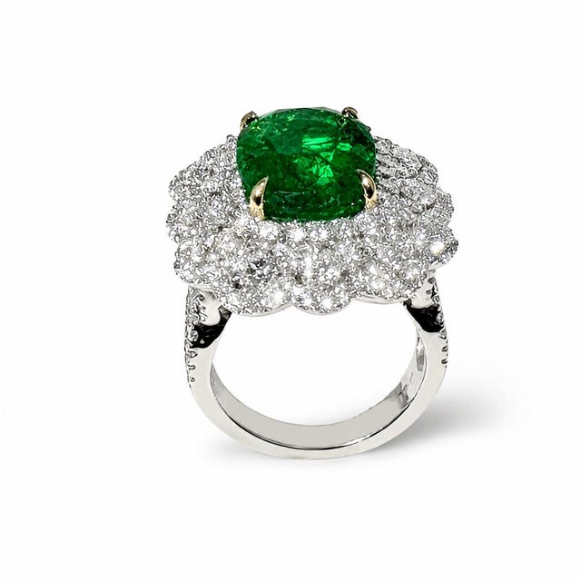 Contemporary Gia Certified Zambia Cushion Emerald & Diamond Ring in 18k White Gold, Size 6.5 For Sale - Image 3 of 5