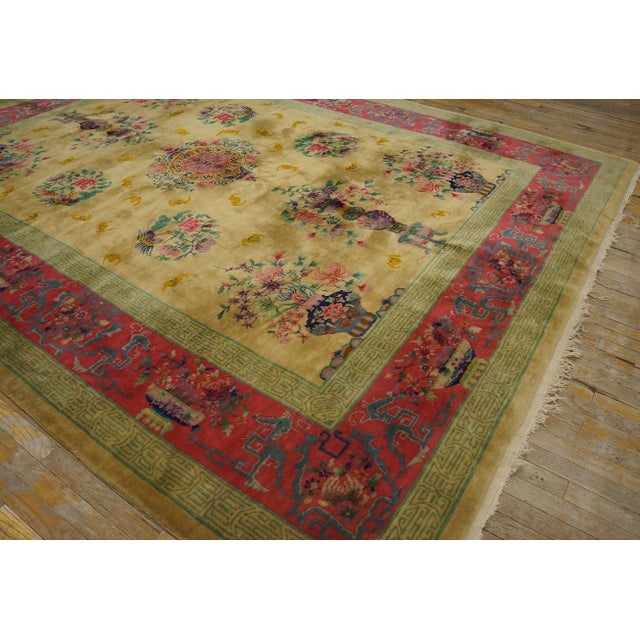 1920s Soft Yellow Field Antique Vase Floral Shou Symbols Chinese Art Deco Rug For Sale - Image 9 of 11
