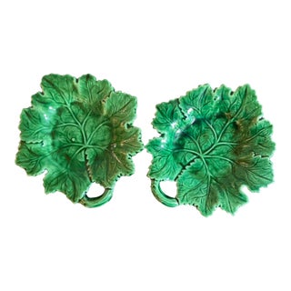 Portugese Majolica Leaf Dishes- Set of 2 For Sale