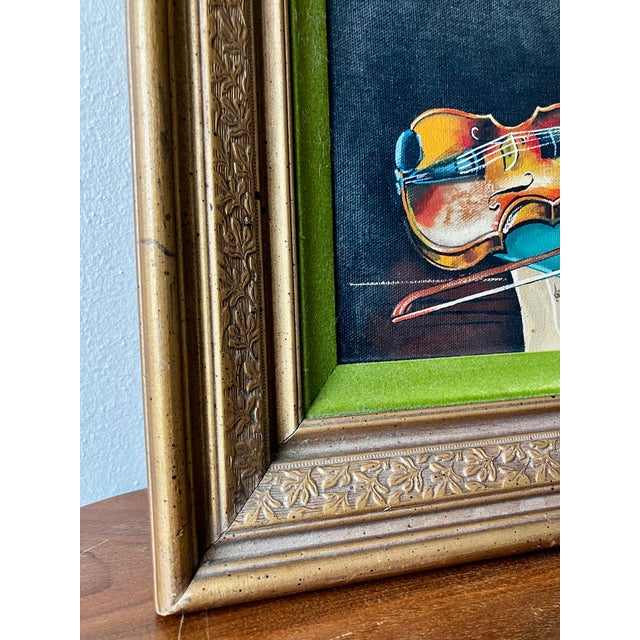 Wood Vintage Mid-Century Violin Still Life Painting in Gilt Frame With Velvet Liner For Sale - Image 7 of 18