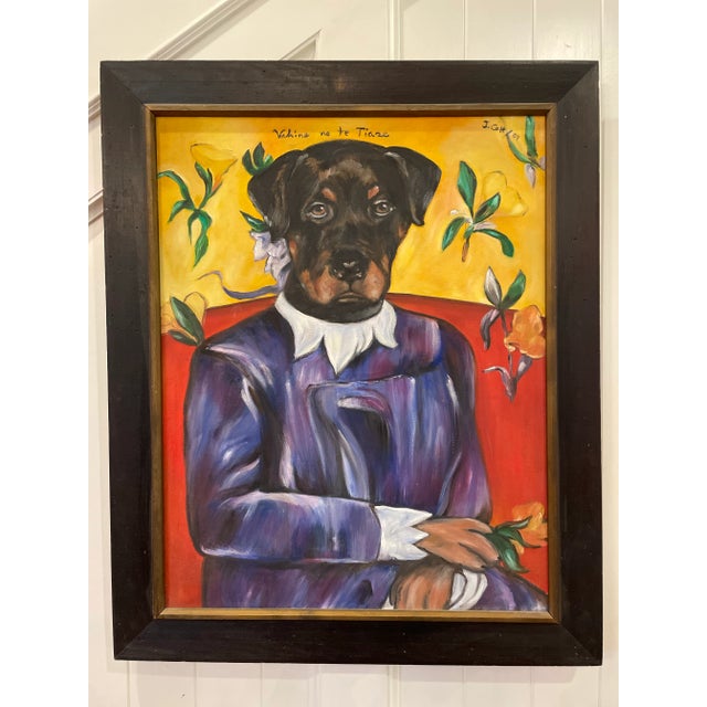 A cheeky and delightful painting featuring a dog as the Woman with a flower a play on the painting "Vahine no te Tiare...