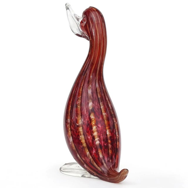 Murano Vintage Murano Sommerso Red Bands Silver Leaf Italian Art Glass Duck Bird Figurine Sculpture For Sale - Image 4 of 5