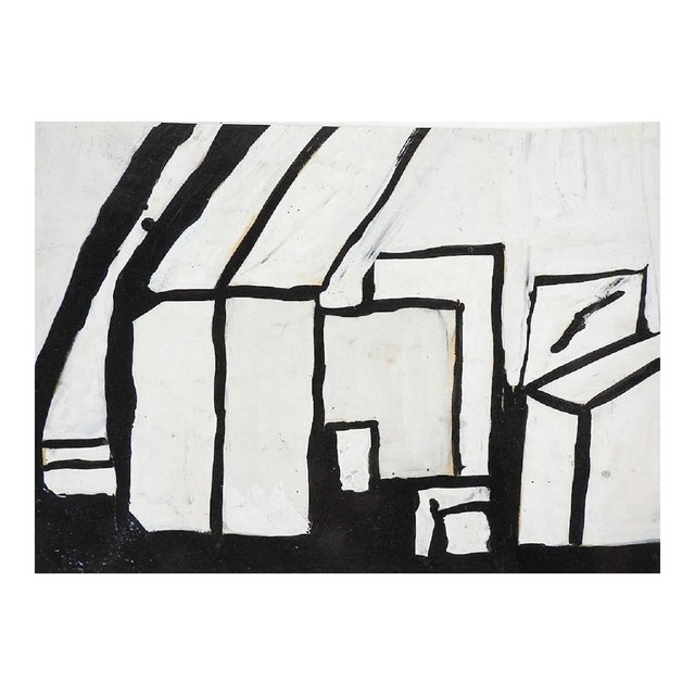 Vintage Mid Century Abstract Black & White Painting For Sale