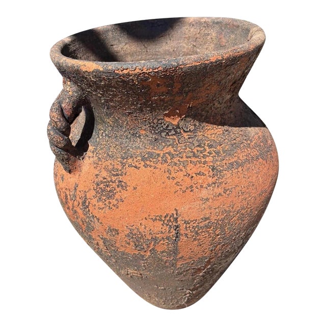 Vintage Mediterranean Terracotta Amphora Urn Planter With Aged Patina For Sale